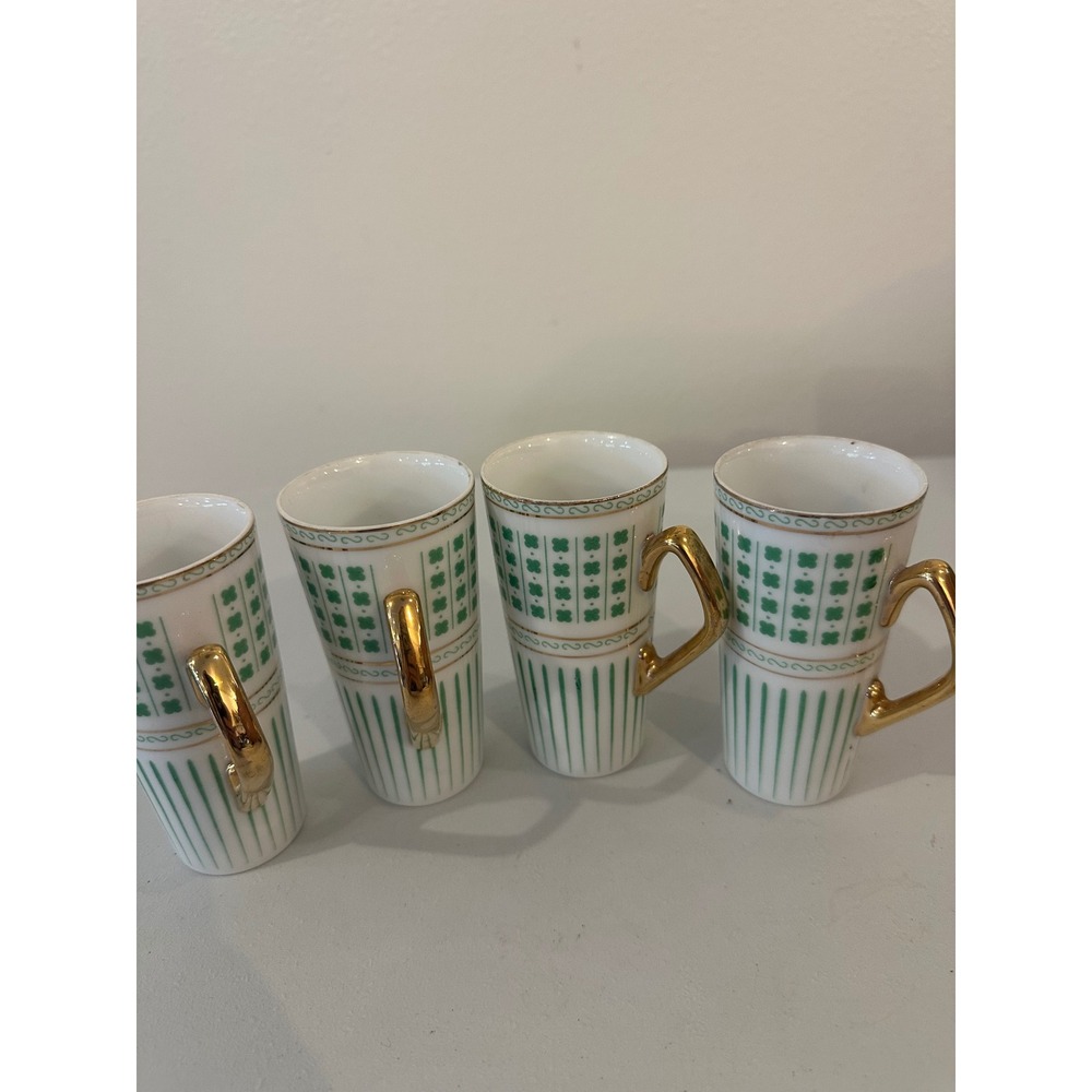 Vintage Green Shamrock Porcelain Demitasse Espresso Cups Gold Handles Set of 4